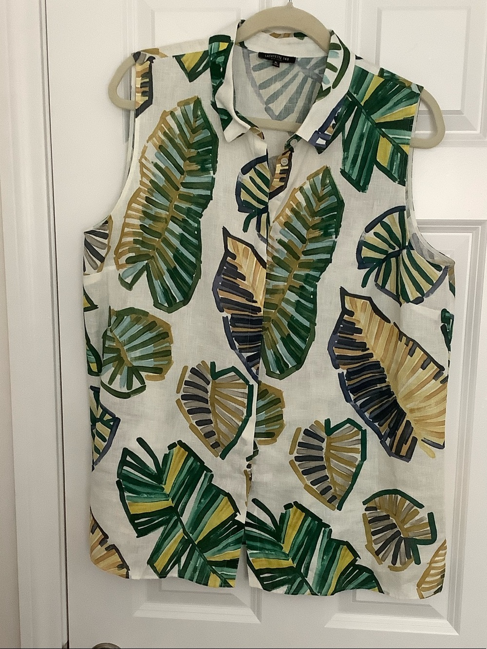 Lafayette 148 New York Sleeveless Button-Front Leaf Print Top - Green & Gold